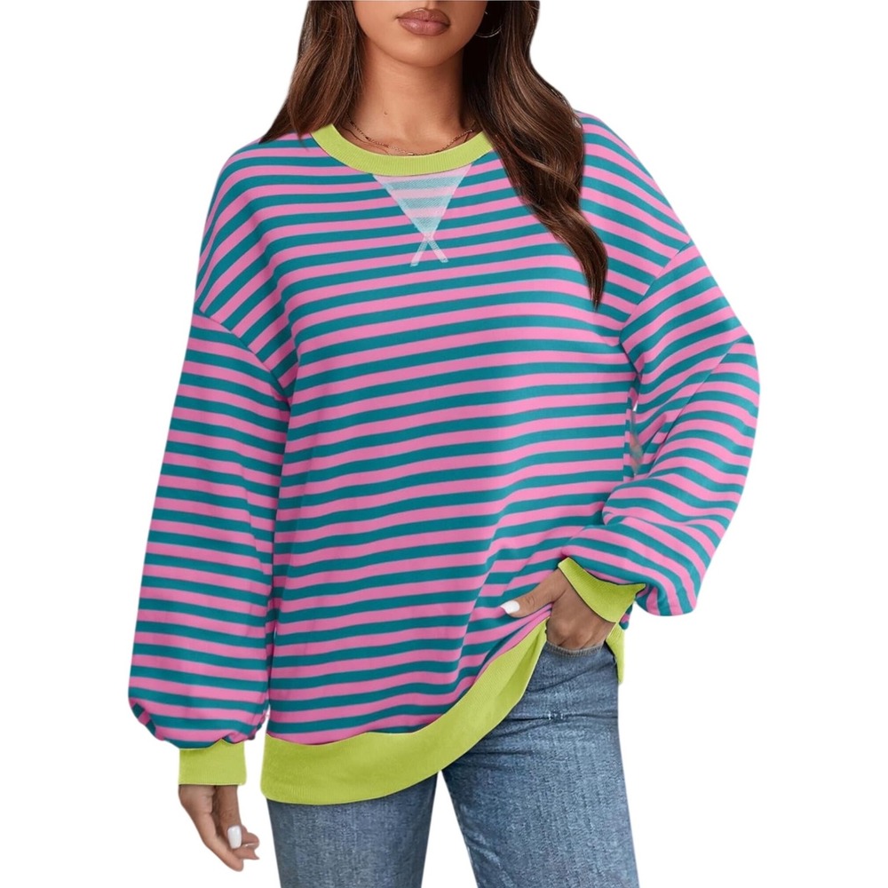 XIEERDUO Womens XL Striped Sweatshirt Pink Teal Lime Green Retro Oversized